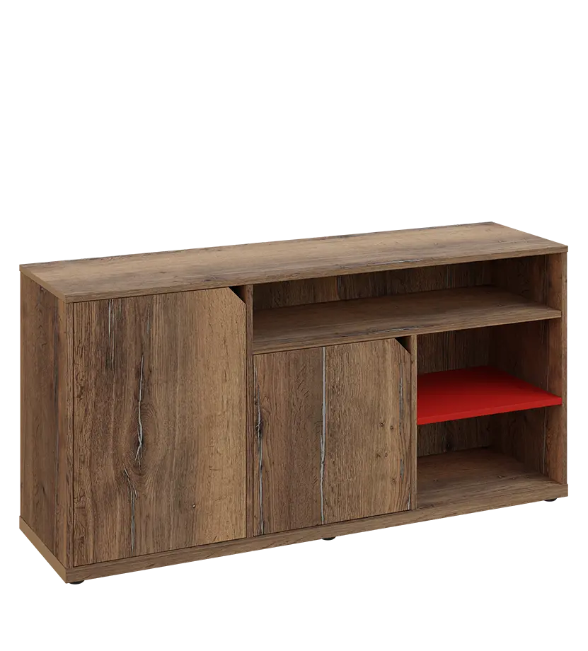 KU2-15DN3 L skříňka nízká 2-dveřová, nika, 740x1522x400, provedení levé, korpus a dvířka dub halifax cínový/police červená